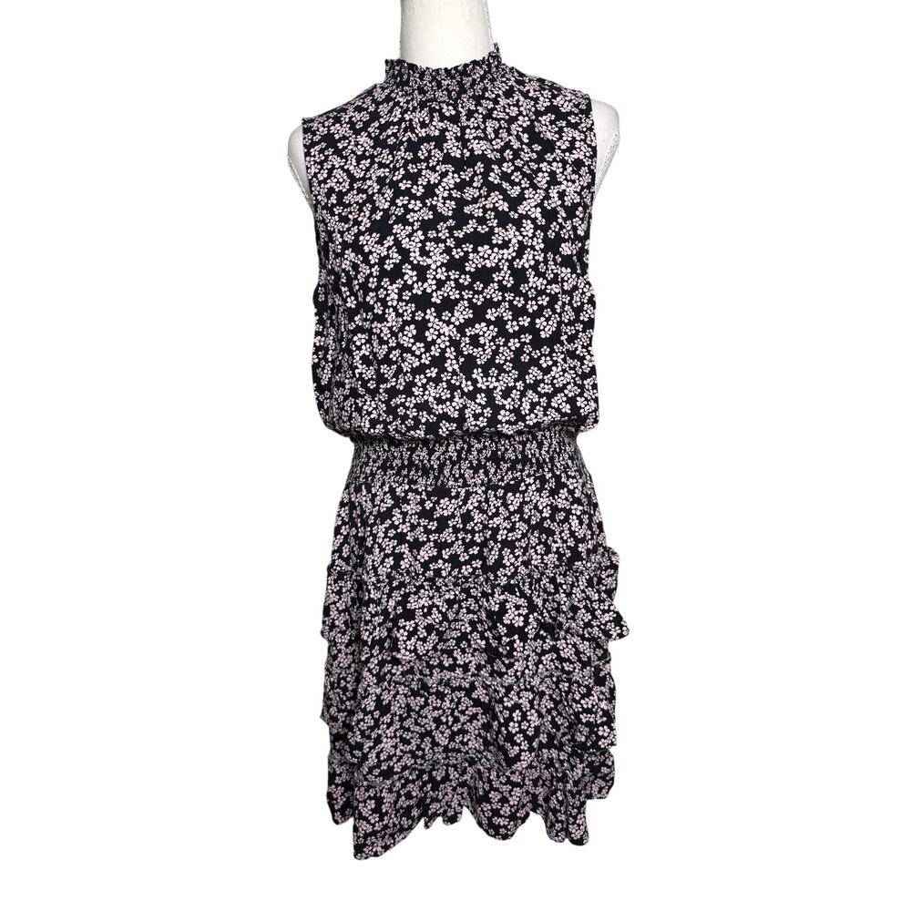 MSK Black Pink Floral Smocked Waist Ruffle Tiered Sleeveless Dress